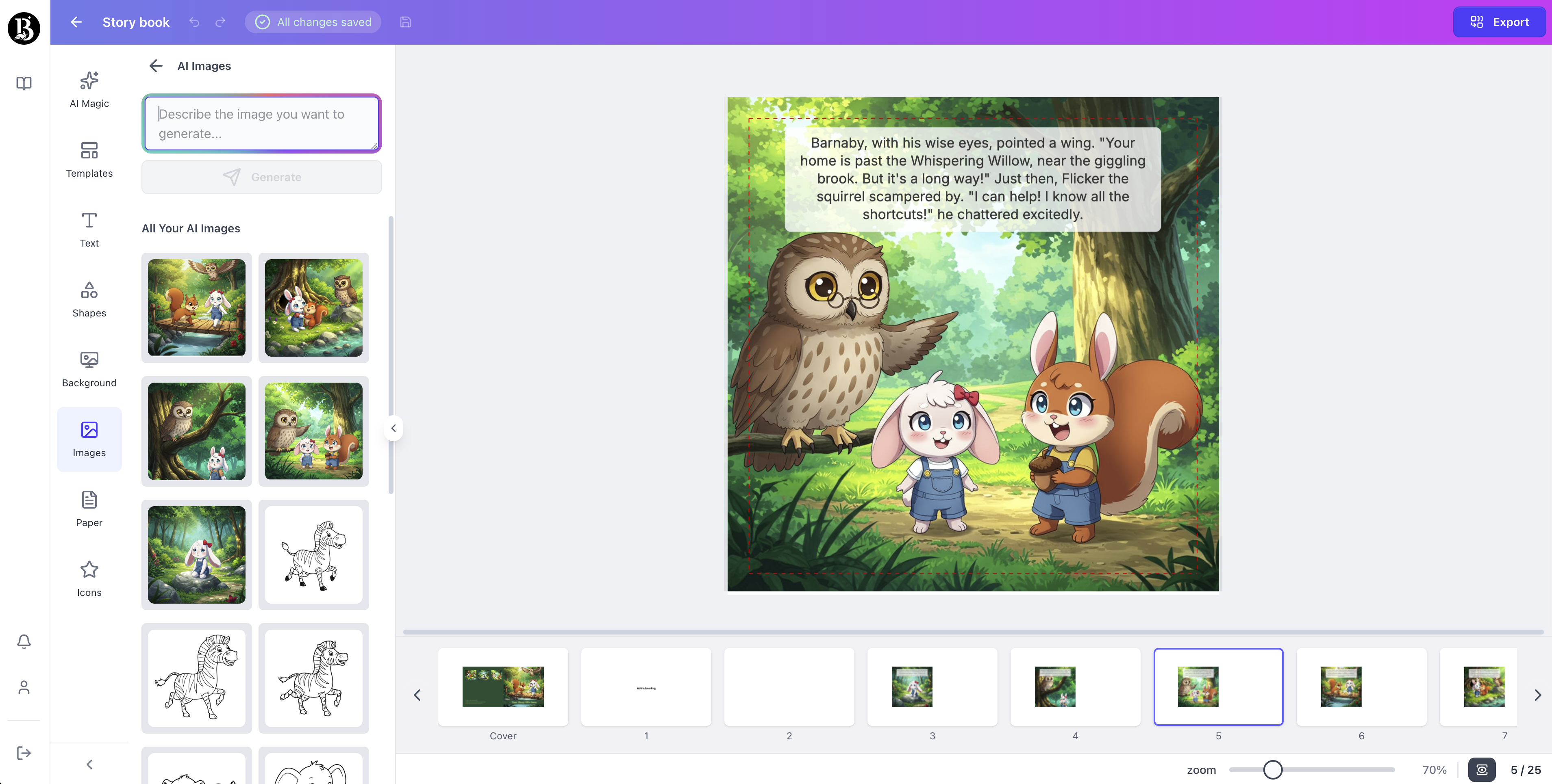 Screenshot of the BooksGenie.ai Children story book creator