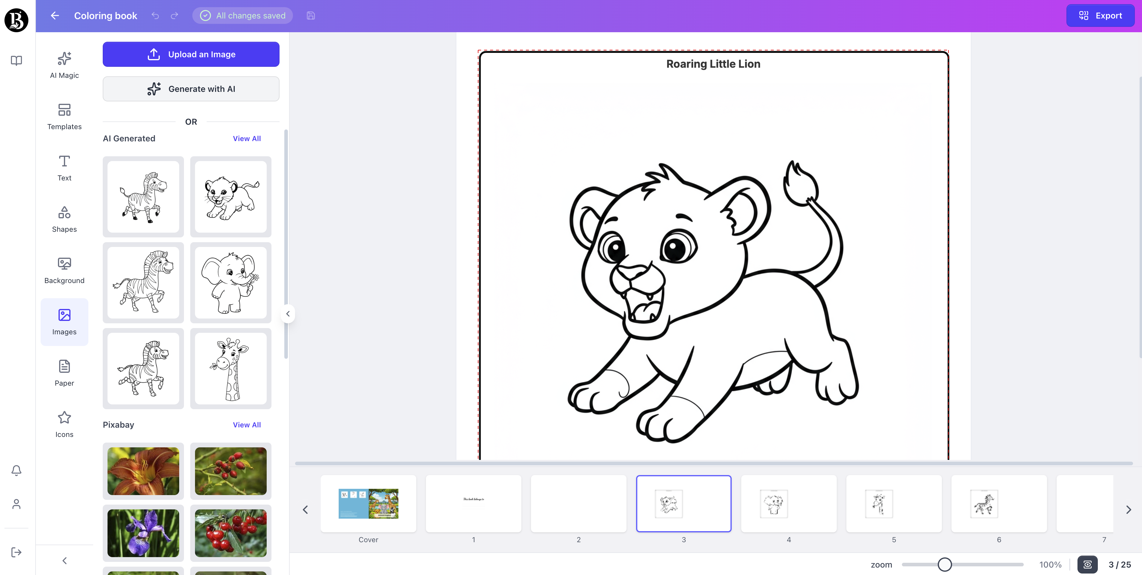 Screenshot of the BooksGenie.ai Coloring book creator